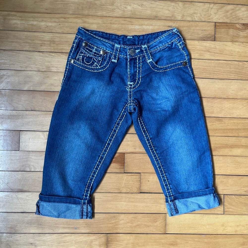 True Religion Joey Big T Blue Denim Cropped Jeans Made in USA Size 26 Low Rise